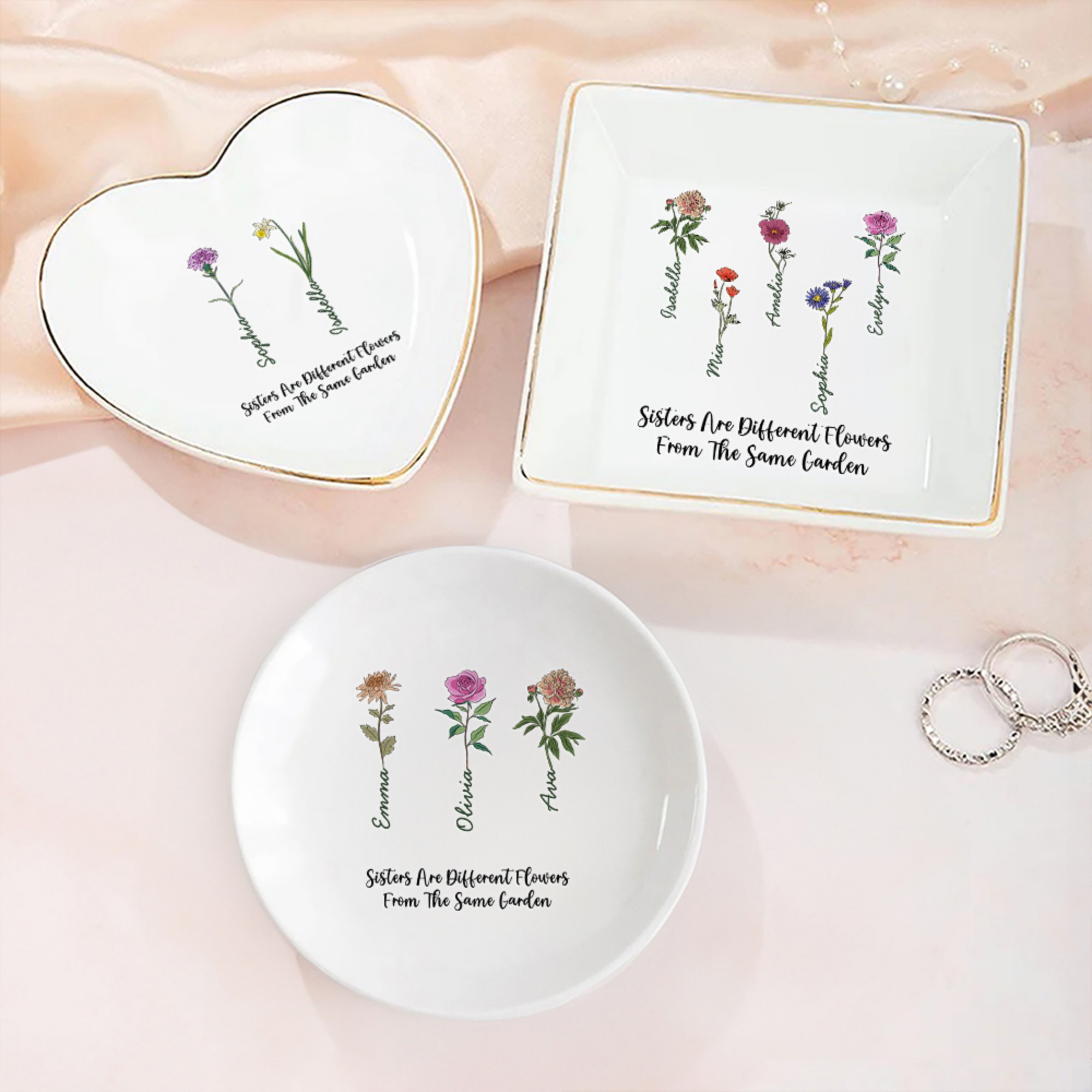 Plat à bijoux personnalisé style vintage 1-6 fleurs de naissance avec nom Cadeau d'anniversaire pour sœur copine