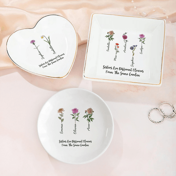 Plat à bijoux personnalisé style vintage 1-6 fleurs de naissance avec nom Cadeau d'anniversaire pour sœur copine