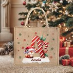 Personalized Cute Santa Hat Animal Initial Large Jute Tote Bag with Name Christmas Eve Party Gift for Girls Boys Kids