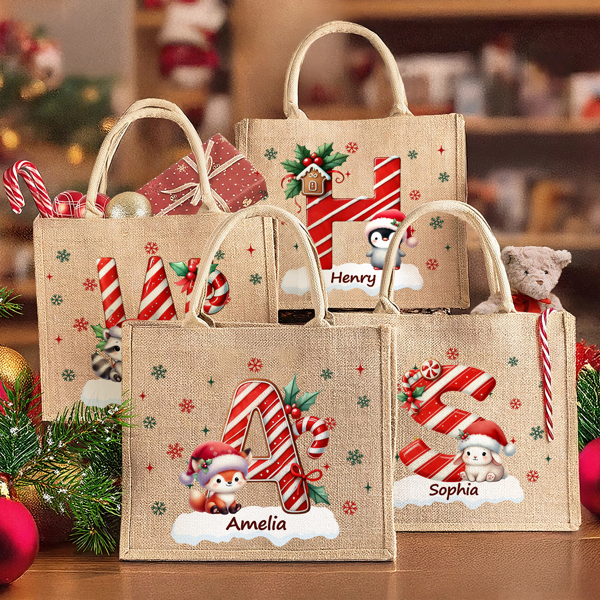 Sac à dos en toile de jute avec nom Cadeau de Noël pour les filles Garçons Enfants