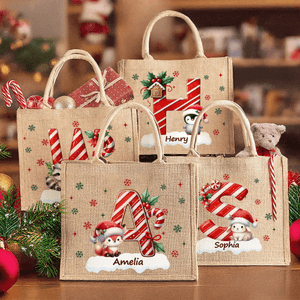 Personalised Cute Santa Hat Animal Initial Large Jute Tote Bag with Name Christmas Eve Party Gift for Girls Boys Kids