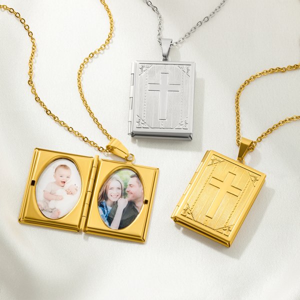 Personalized Cross Book Locket Necklace with Photos Christmas Birthday Anniversary Gift for Christians Women