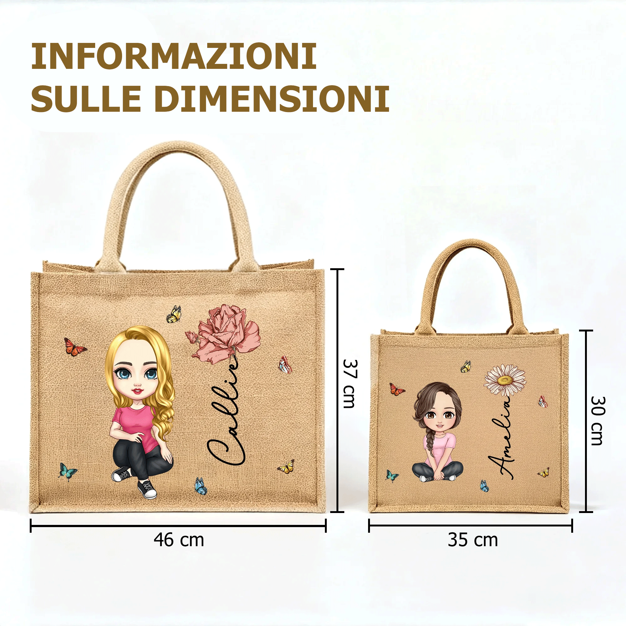 Borsa tote in juta personalizzato con nome fiore di nascita e personaggio in stile cartone animato regalo di compleanno e San Valentino per donne