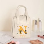Personalised Birth Flower Cartoon Character PU Leather Makeup Bag with Handle and Travel Anniversary Birthday Gift for Women