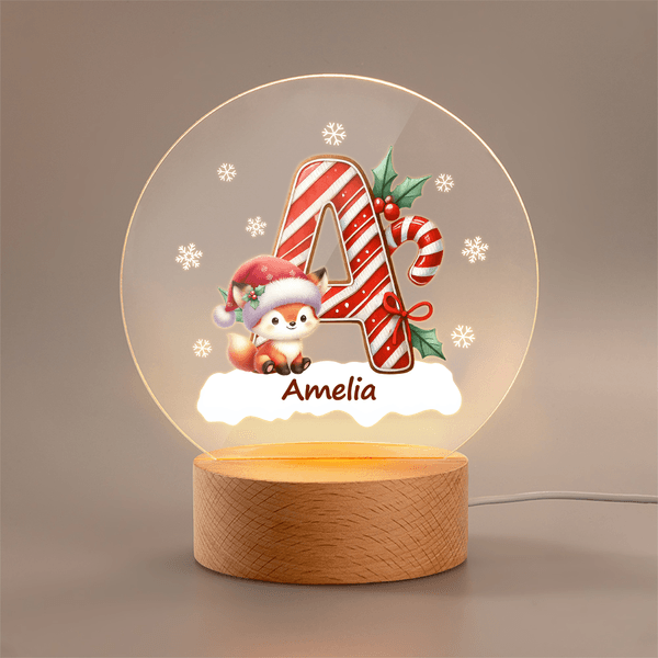 Veilleuse LED en acrylique avec nom et initiales Flocon de neige personnalisé Animaux de dessins animés Base en bois Décoration de chambre Cadeau de Noël pour les enfants