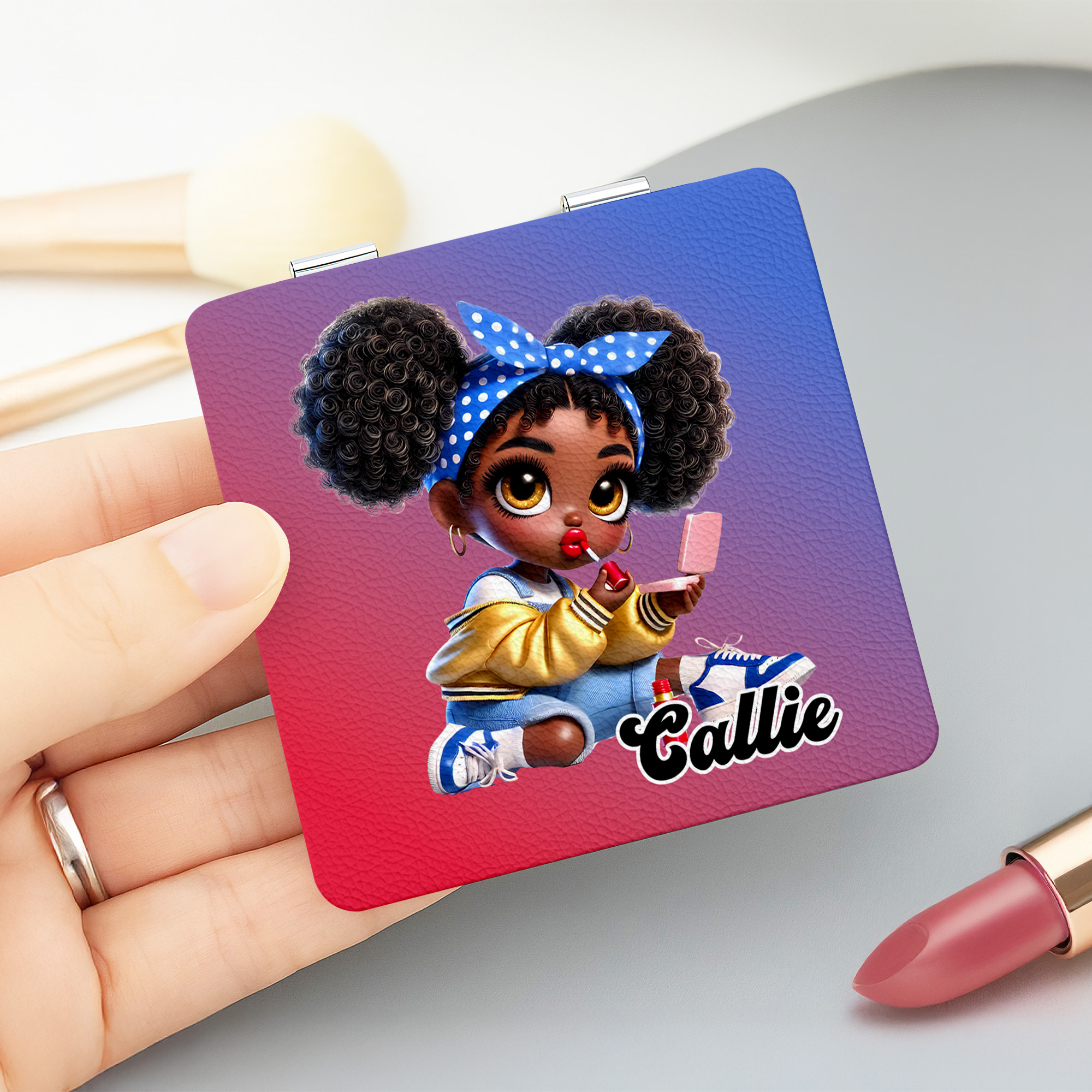 Miroir de maquillage double face 1X 2X en cuir PU pour fille avec nom Cadeau d'anniversaire pour femmes filles