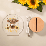Personalized Highland Cow Sunflower Butterfly Acrylic LED Night Light with Name and Wooden Base Room Decor Christmas Birthday  Gift for Kids