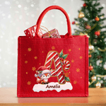 Personalized Cute Santa Hat Animal Holly Initial Large Jute Tote Bag with Name Christmas Party Gift for Kids Family Friends