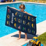 Personalized Multicolour Construction Truck Excavator Bulldozer Oversized Quick Dry Beach Towel with Text Birthday Gift for Boys Girls Truck Lovers