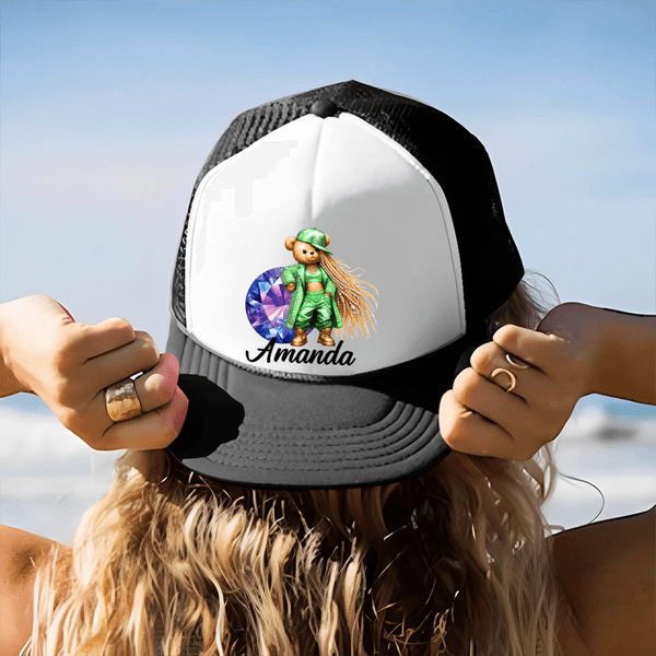 Personalized Hip-Hop Girl Teddy Bear Baseball Cap with Name and Birthstone Birthday Gift for Black Queen Rapper Hip-Hop Lovers