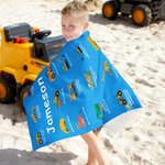Personalized Multicolour Construction Truck Excavator Bulldozer Oversized Quick Dry Beach Towel with Text Birthday Gift for Boys Girls Truck Lovers