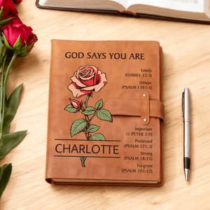 Personalised God Says You Are Birth Flower A5 PU Leather Notebook Cover with Name and Pocket Birthday Baptism Gift for Christian