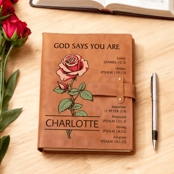 Personalized God Says You Are Birth Flower A5 PU Leather Notebook Cover with Name and Pocket Birthday Baptism Gift for Christian