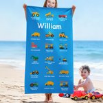 Personalized Multicolour Construction Truck Excavator Bulldozer Oversized Quick Dry Beach Towel with Text Birthday Gift for Boys Girls Truck Lovers