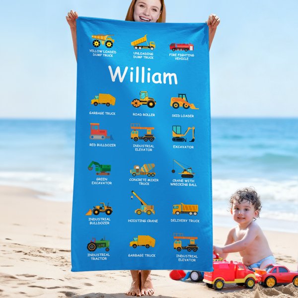 Personalized Multicolour Construction Truck Excavator Bulldozer Oversized Quick Dry Beach Towel with Text Birthday Gift for Boys Girls Truck Lovers