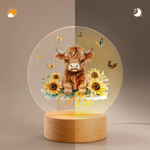 Personalized Highland Cow Sunflower Butterfly Acrylic LED Night Light with Name and Wooden Base Room Decor Christmas Birthday  Gift for Kids
