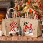 Personalized Cute Santa Hat Animal Initial Large Jute Tote Bag with Name Christmas Eve Party Gift for Girls Boys Kids