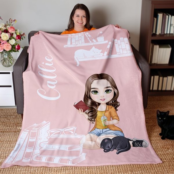 Manta blanda con nombre para regalo de cumpleaños para mujer amante de la lectura, con tema de libro personalizado.