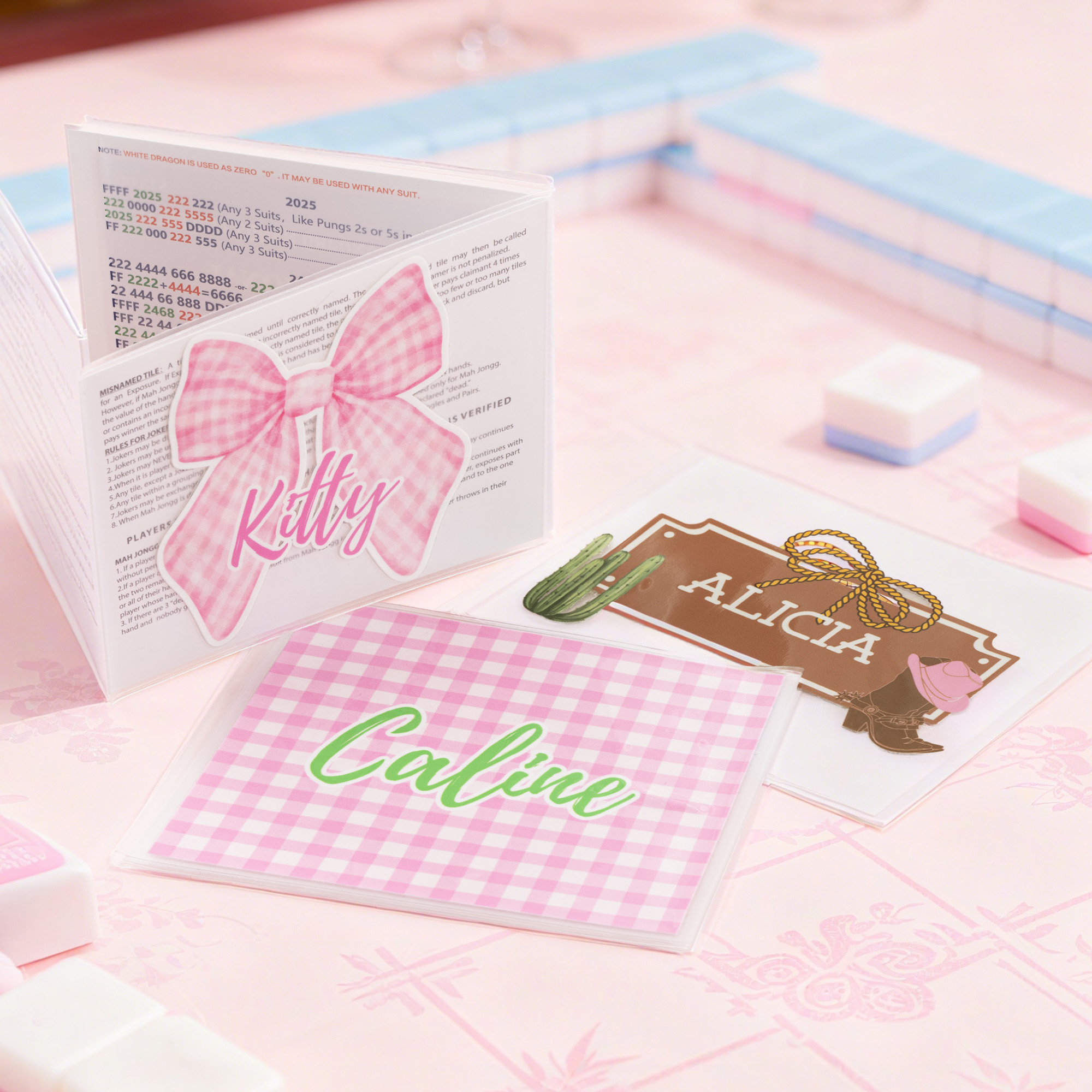 Nœud papillon personnalisé NMJL Mahjong Porte-cartes triples avec nom Jeu de famille Cadeau d'anniversaire pour les passionnés de Mahjong