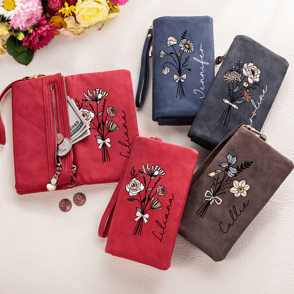 Personalised Watercolour Birth Flower Bouquet PU Leather Wallet with Name and Wristlet Christmas Birthday Gift for Women Girls