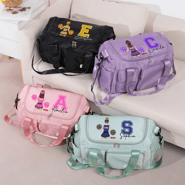 Gepersonaliseerde Cartoon Cheerleading Karakter Multi-Compartiment Grote Reistas met Naam en Schouderband Game Day Verjaardagscadeau voor Cheerleader