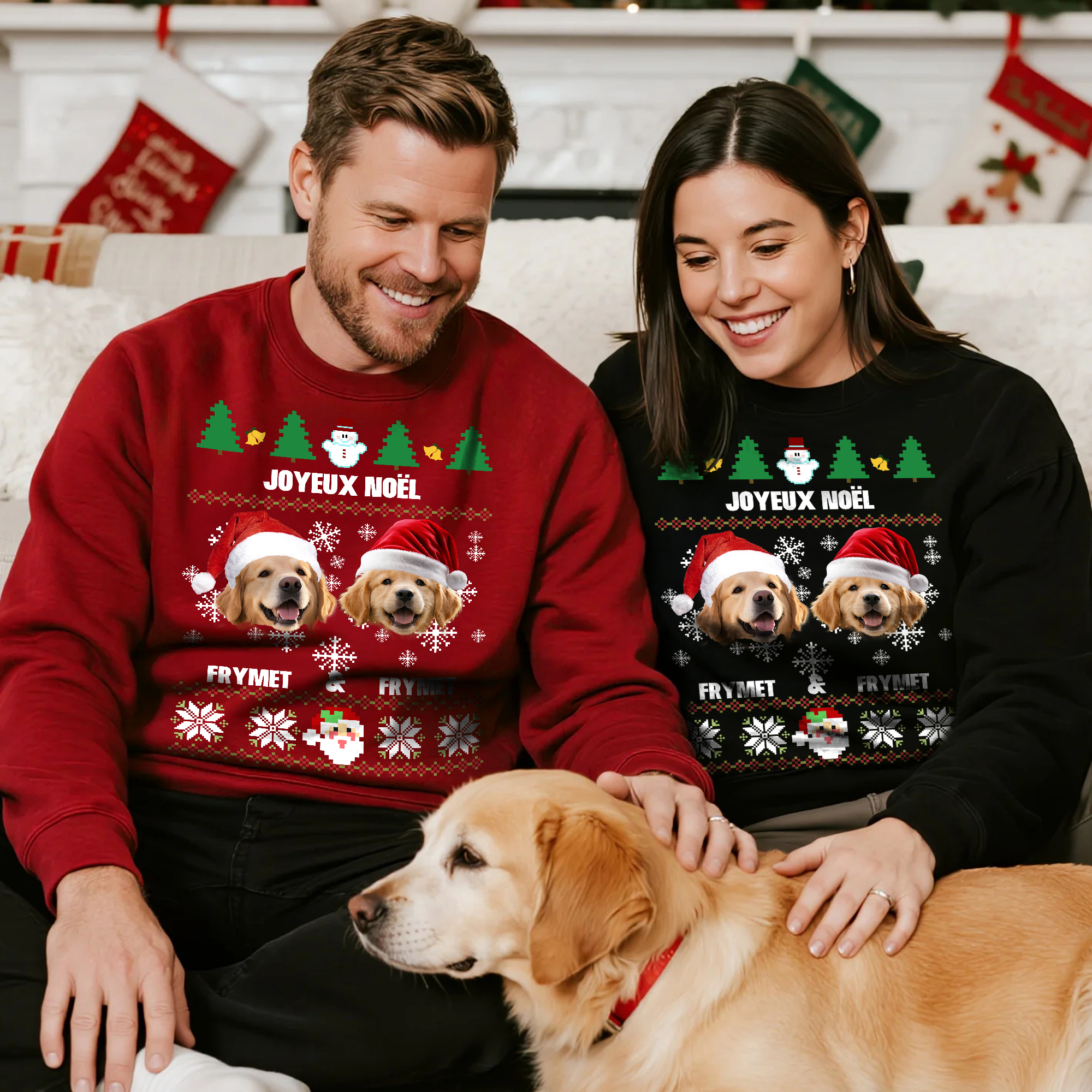 Sweat-shirt Multicolore Personnalisé avec 1-2 Photos du Visage de l'Animal et Noms Cadeau de Noël pour les Propriétaires d'Animaux de Compagnie