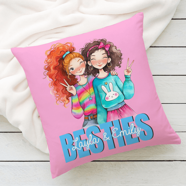 Personalized Besties Cartoon Girls Multicolour Throw Pillow Cover with Name Home Decor Birthday Christmas Gift for Girls