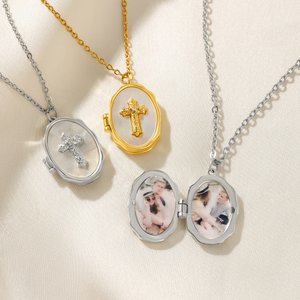 Personalized 1-2 Photos Cross Oval Locket Necklace Dainty Jewellery Christening Christmas Birthday Gift for Christian Women