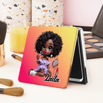 Personalized Cartoon Black Girl Double-Sided 1X 2X PU Leather Makeup Mirror with Name Birthday Anniversary Gift for Women Girls