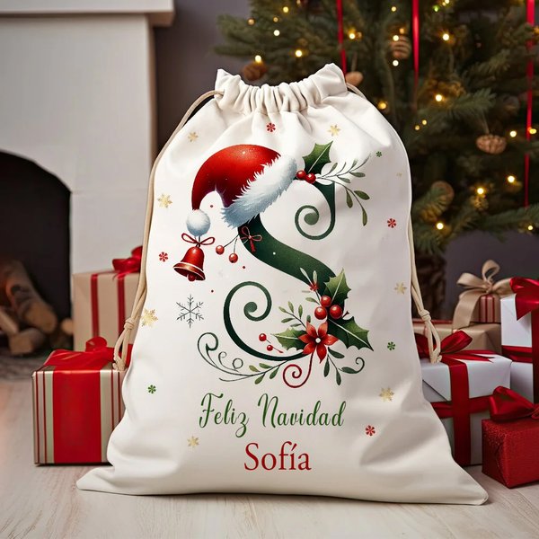 Bolsa de regalo personalizada de lona con cordón campana muérdago gorro de Papá Noel inicial nombre y texto regalo de Navidad para familia y niños