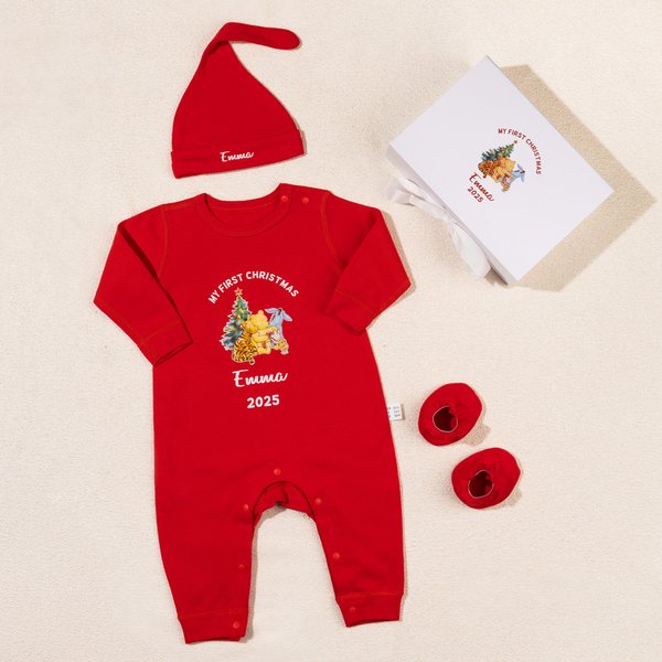 Personalized Classic Winnie the Pooh 100% Cotton Baby Romper Hat Outfit with Hamper Name Year Baby's 1st Christmas Baby Shower Gift for Newborn