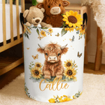 Personalized Cute Sunflower Highland Cow Large Waterproof Storage Laundry Basket with Name and Handle Daily Use Birthday Gift for Kids
