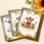 Personalised Cute Sunflower Highland Cow A5 Spiral Notebook with Name and 120 Lined Pages Daily Use Birthday Gift for Family Kids