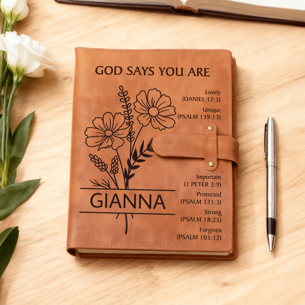 Personalized Lined Birth Flower Bible A5 PU Leather Notebook Cover with Name and Pocket Birthday Baptism Gift for Christian