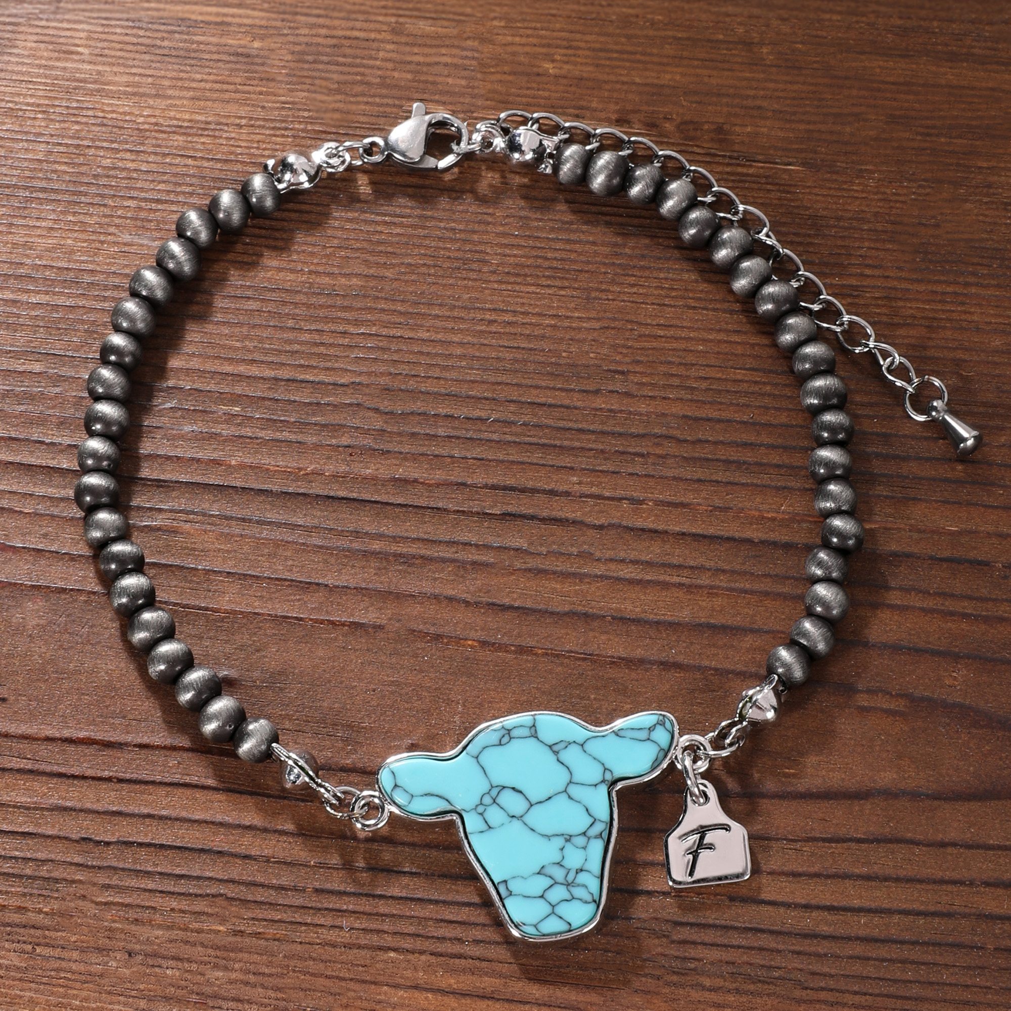 Bracelet personnalisé en pierres précieuses tête de vache multicolore avec initiale Cadeau d'anniversaire pour Cowboy Cowgirl