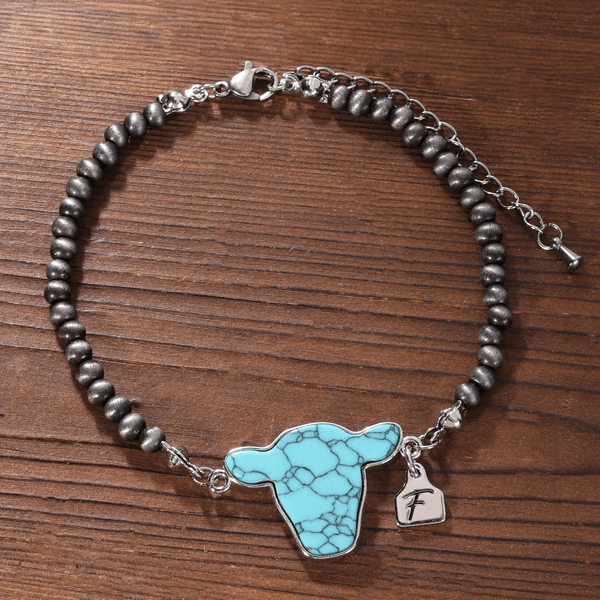 Personalised Multicolor Cow Head Gemstone Beaded Bracelet with Initial Birthday Anniversary Gift for Cowboy Cowgirl