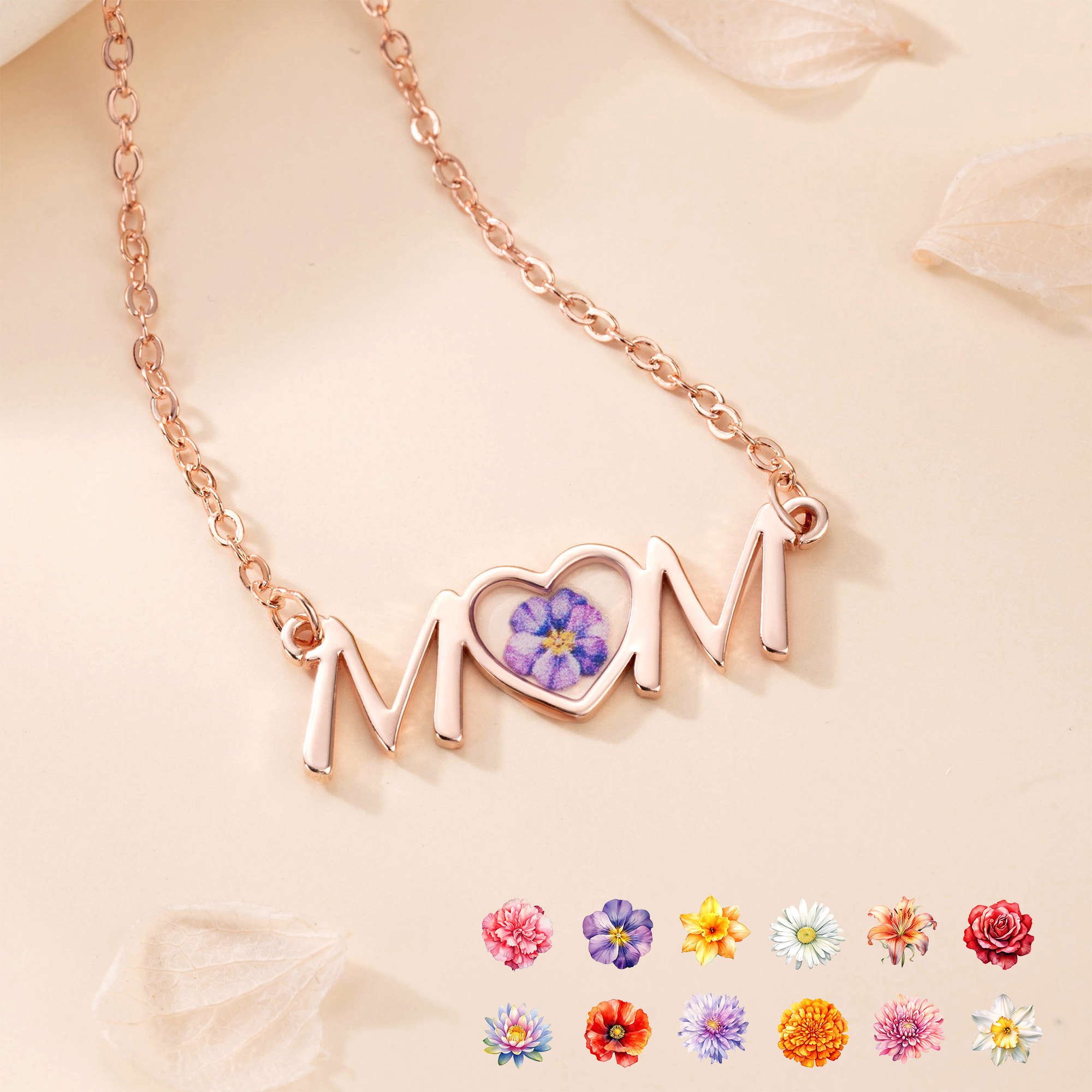 Collier de fleurs personnalisees en forme de coeur pour les mamans Bijoux d'anniversaire Cadeau de Noel pour les femmes