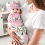 Personalized Cute Flower Wreath Animals 100% Cotton Swaddle Blanket and Hat Set with Name Birthday Baby Shower Gift for Newborns Babies