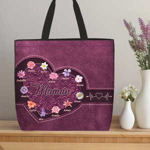 Sac Fourre-tout Imperméable Personnalisé avec 1-12 Noms Fleurs et Titre Cadeau Anniversaire Fête des Mères pour Femme Maman Grand-mère