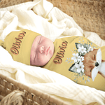 Personalized Cute Flower Wreath Animals 100% Cotton Swaddle Blanket and Hat Set with Name Birthday Baby Shower Gift for Newborns Babies
