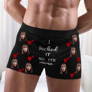 Personalized Face Photo Boxer Brief with Love Hearts I Sucked It So Its Mine Funny Quote Men's Underwear Valentine's Day Birthday Gift for Him