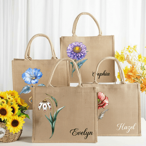 Personalized Birth Flower Durable Jute Tote Bag with Name Birthday Anniversary Christmas Gift for Women