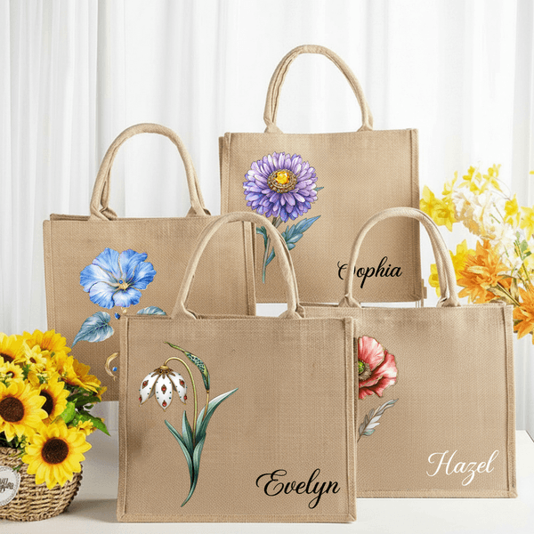 Personalised Birth Flower Durable Jute Tote Bag with Name Birthday Anniversary Christmas Gift for Women