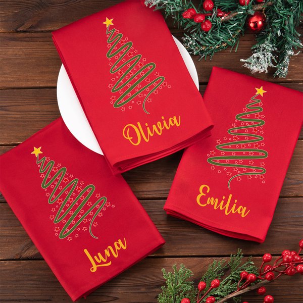 Servilleta roja personalizada de algodón 100 % con nombre y árbol de Navidad decoración navideña para el hogar regalo de Navidad para familia y amigos