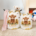 Personalized Cute Sunflower Highland Cow Large Waterproof Storage Laundry Basket with Name and Handle Daily Use Birthday Gift for Kids
