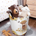 Personalized Cute Sunflower Highland Cow Large Waterproof Storage Laundry Basket with Name and Handle Daily Use Birthday Gift for Kids
