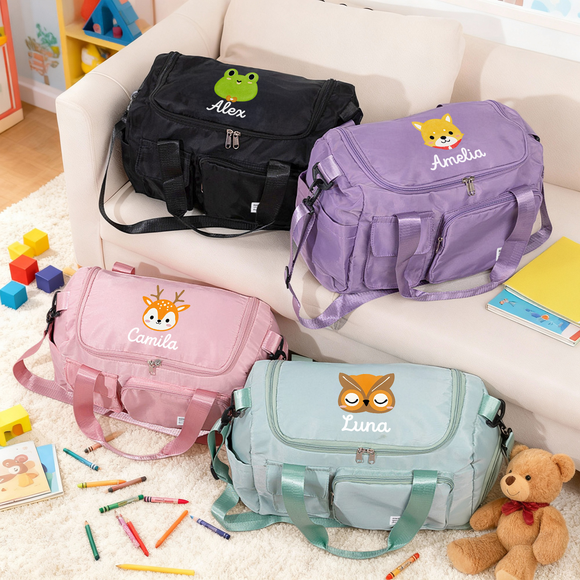 Sac de voyage multi-compartiments personnalisé avec nom et bandoulière Cadeau d'anniversaire pour les enfants