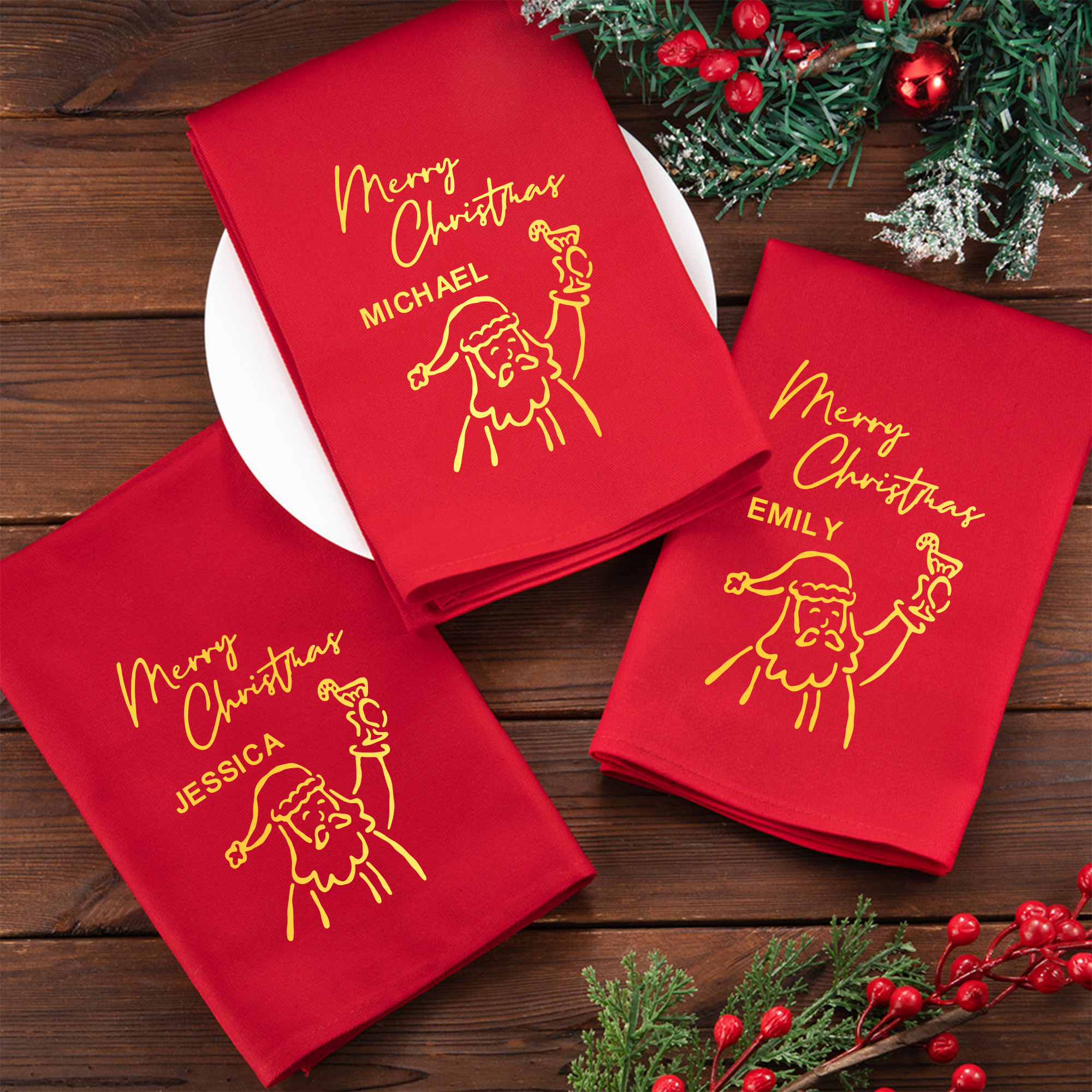 Serviette de table réutilisable personnalisée 100% coton Joyeux Noël de Bourgogne avec nom et icône festive Décoration de table Cadeau de Noël pour la famille