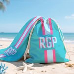 Toalla de playa a rayas y bolsa personalizadas de secado rápido con monograma para vacaciones de verano y viajes regalo de cumpleaños para ella