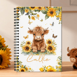 Personalised Cute Sunflower Highland Cow A5 Spiral Notebook with Name and 120 Lined Pages Daily Use Birthday Gift for Family Kids